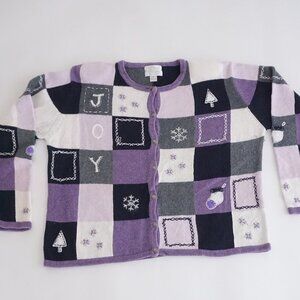 Christopher & Banks Lavender Patchwork Snowflake Tree Winter Grandma Cardigan XL